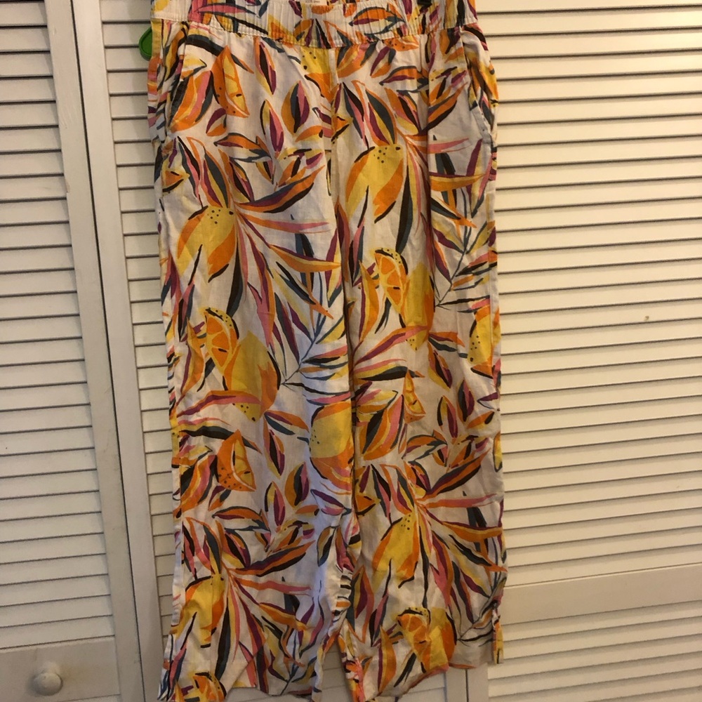 C&C California Linen Tropical Print Wide-Leg Pants in Cream, Yellow & Orange